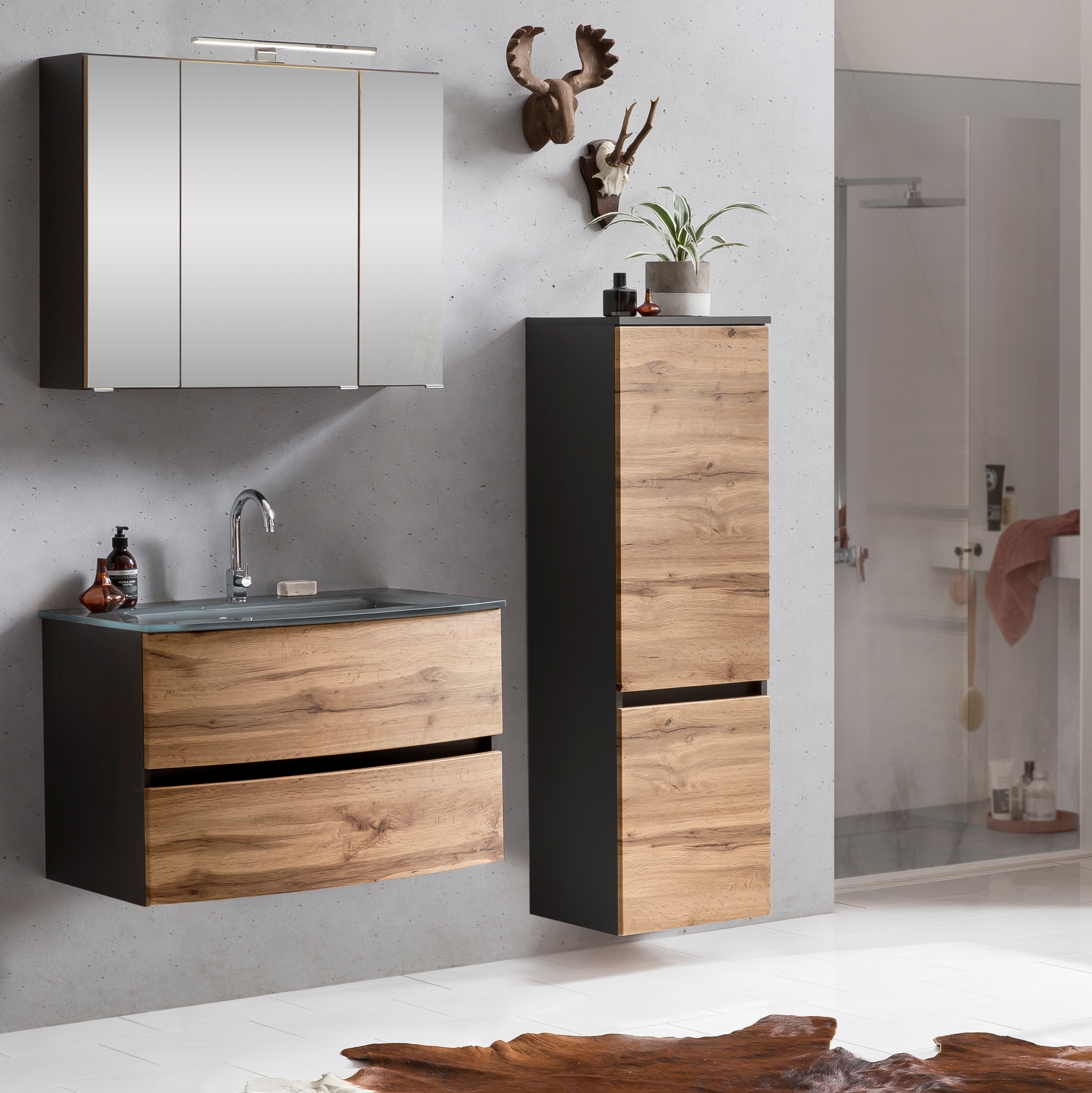 Ensemble salle de bains Kornel 4 à 3 pièces avec vasque grise - gris graphite/chêne