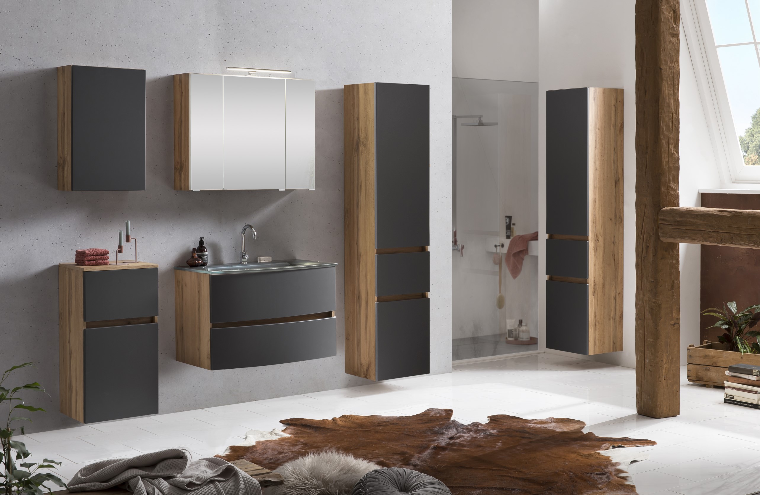 Ensemble salle de bains Kornel 5 à 3 pièces avec vasque blanche - chêne/gris mat - Image 2