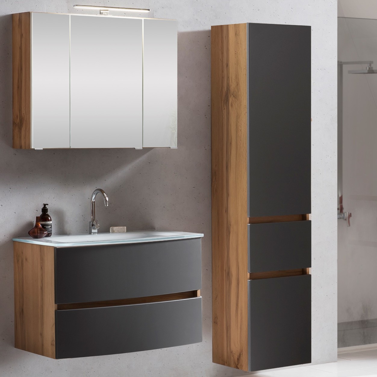 Ensemble salle de bains Kornel 5 à 3 pièces avec vasque blanche - chêne/gris mat - Image 1