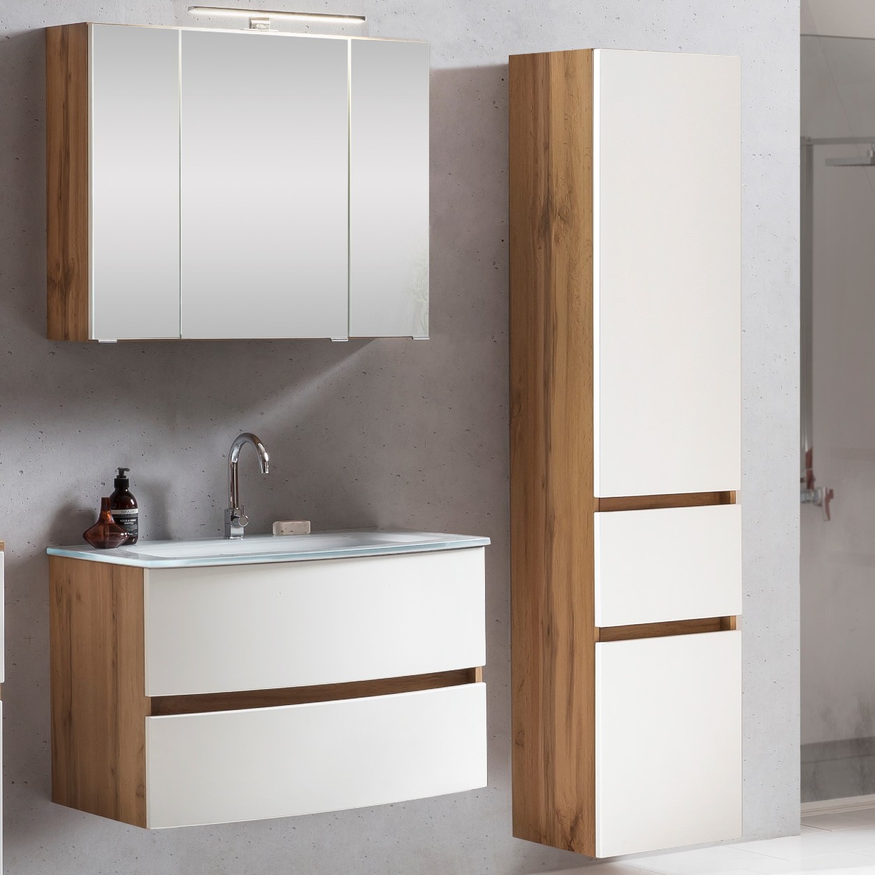 Ensemble salle de bains Kornel 5 à 3 pièces avec vasque blanche - chêne/blanc mat