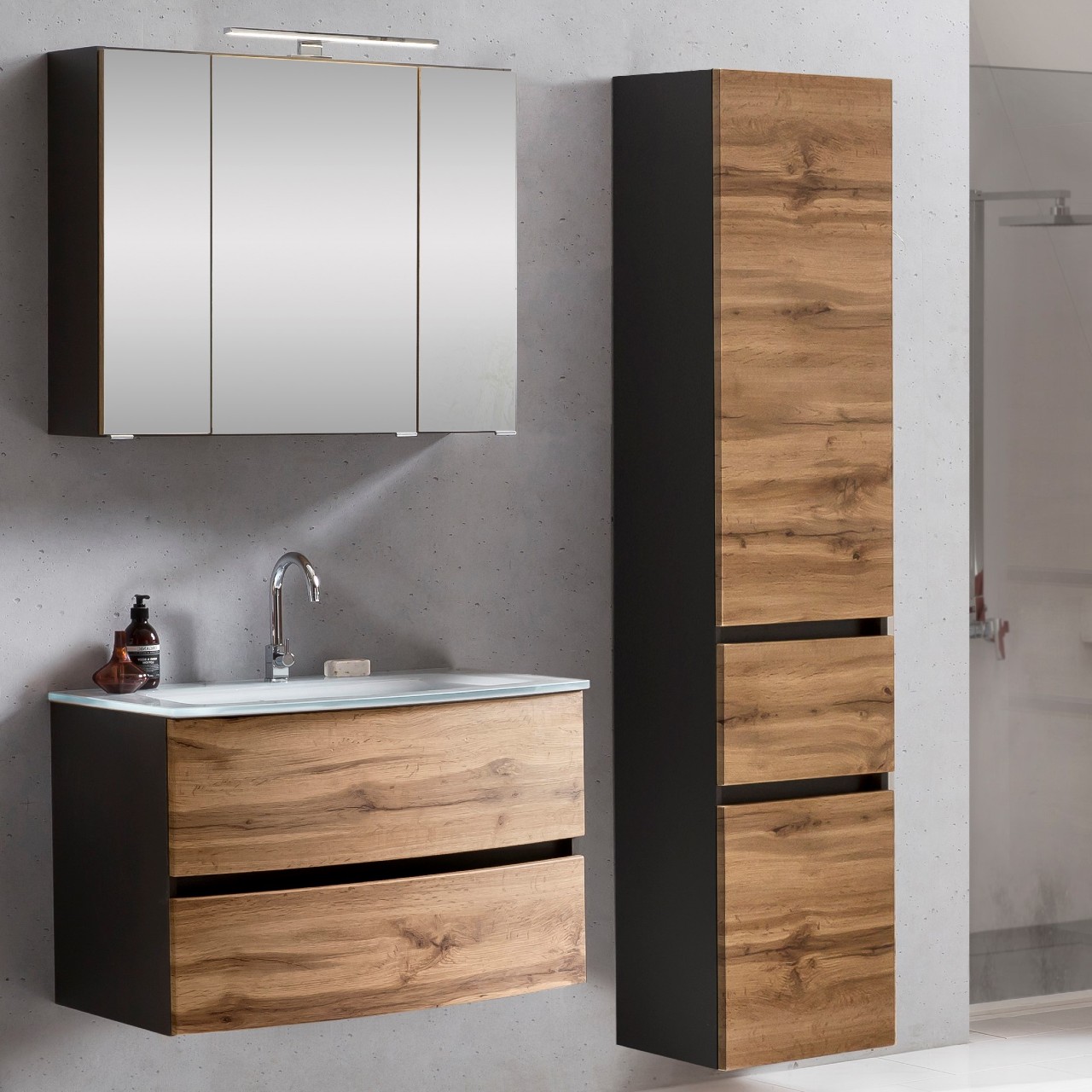 Ensemble salle de bains Kornel 5 à 3 pièces avec vasque blanche - gris graphite/chêne - Image 1