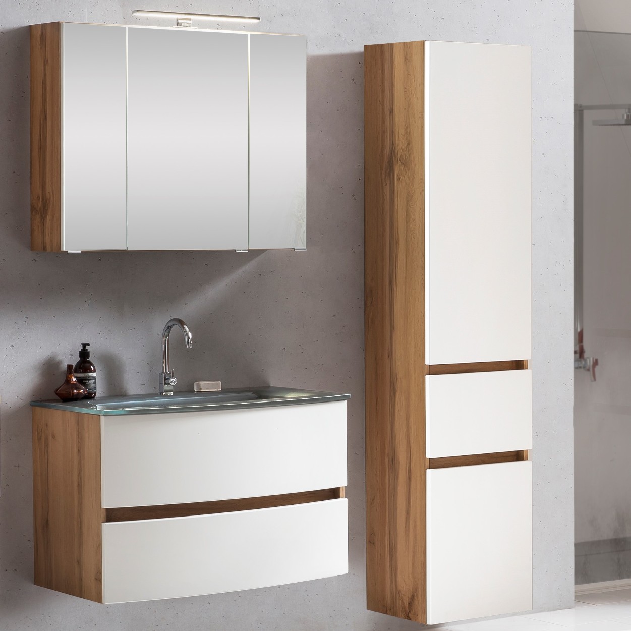 Ensemble salle de bains Kornel 5 à 3 pièces avec vasque grise - chêne/blanc mat - Image 1