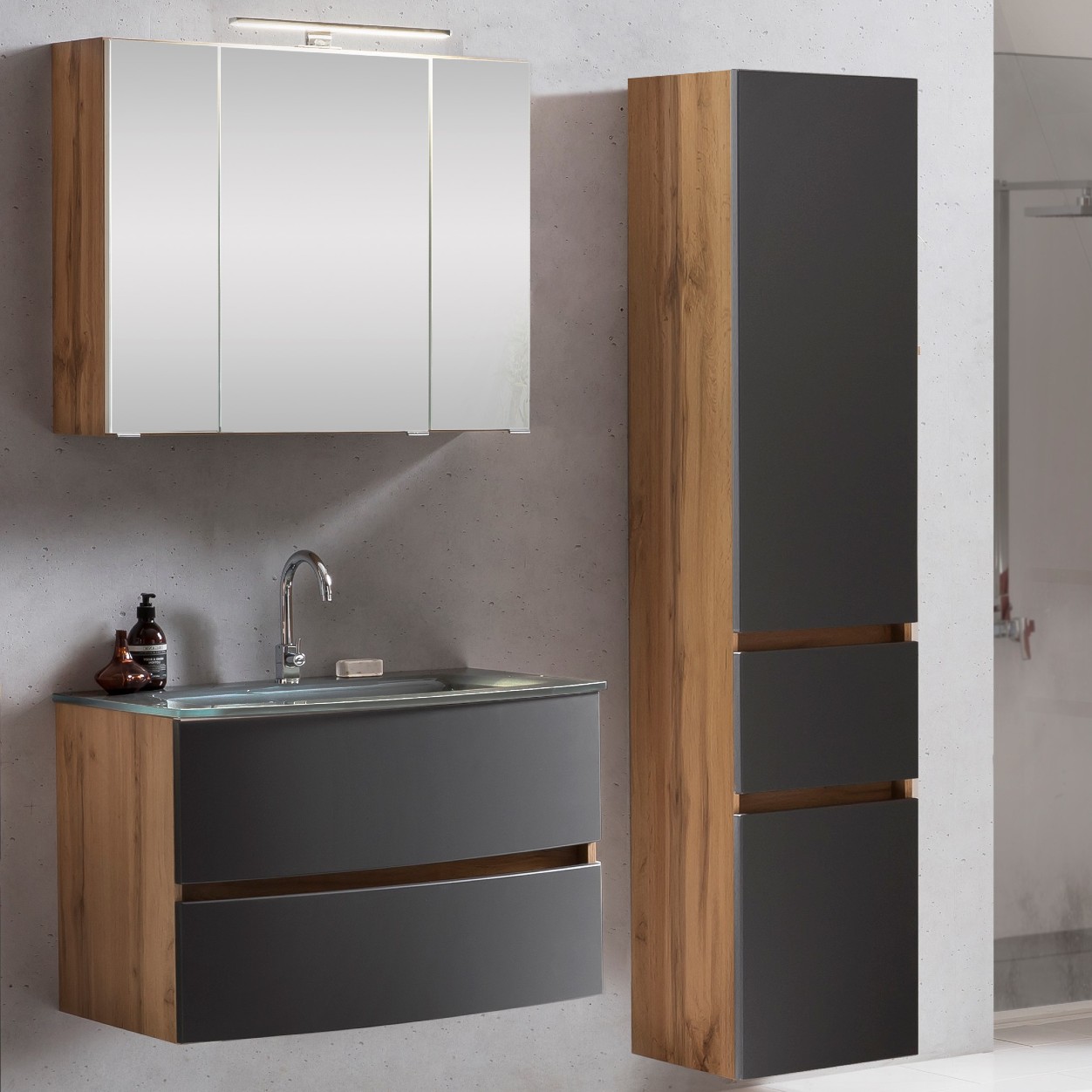 Ensemble salle de bains Kornel 5 à 3 pièces avec vasque grise - chêne/gris mat
