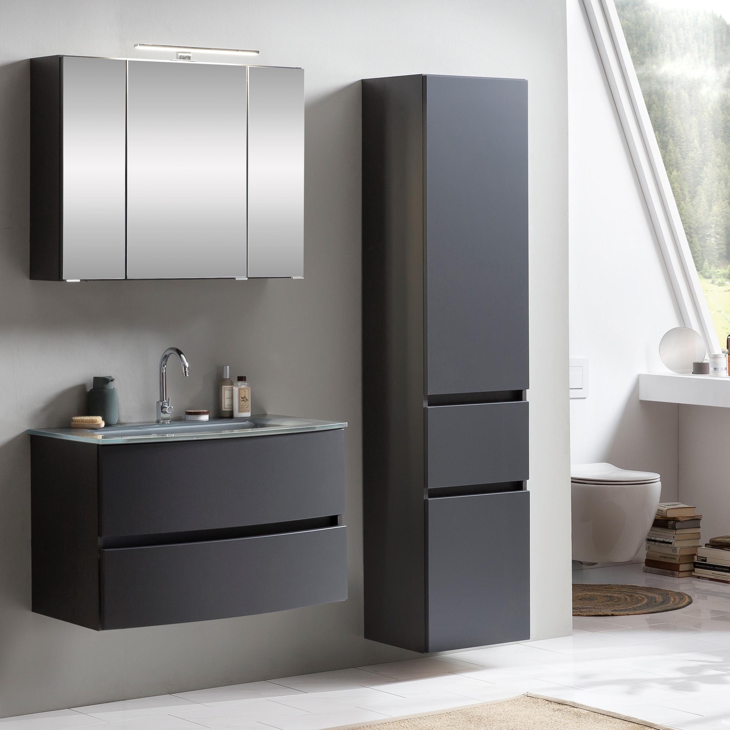 Ensemble salle de bains Kornel 5 à 3 pièces avec vasque grise - gris graphite