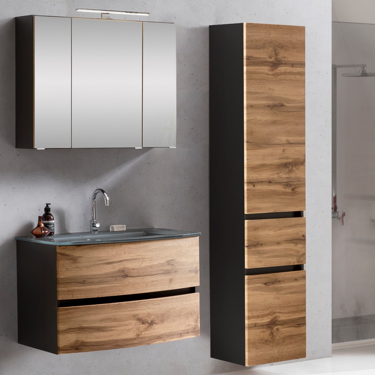 Ensemble salle de bains Kornel 5 à 3 pièces avec vasque grise - gris graphite/chêne