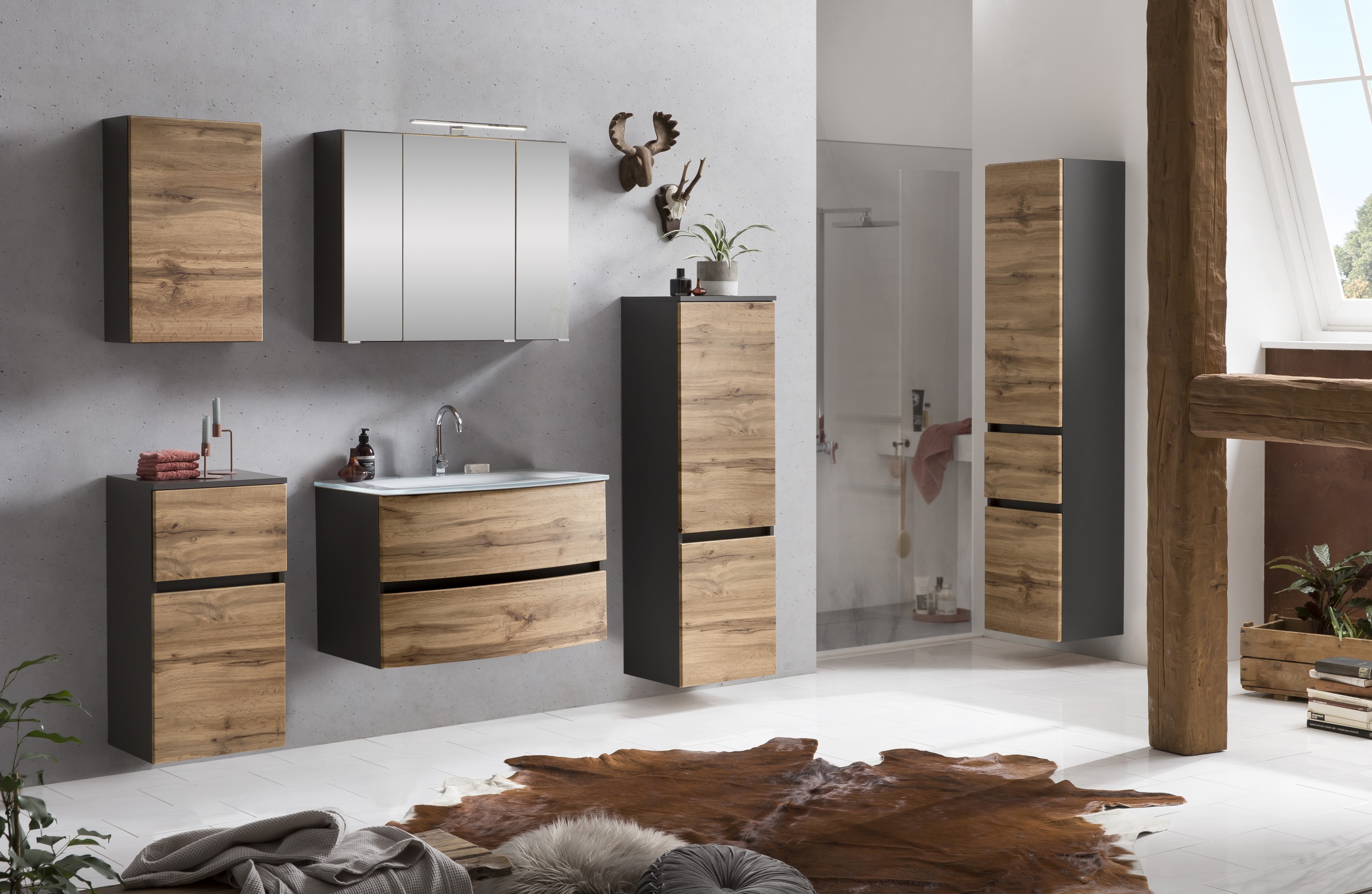 Ensemble salle de bains Kornel 7 à 4 pièces avec vasque blanche - gris graphite/chêne - Image 2