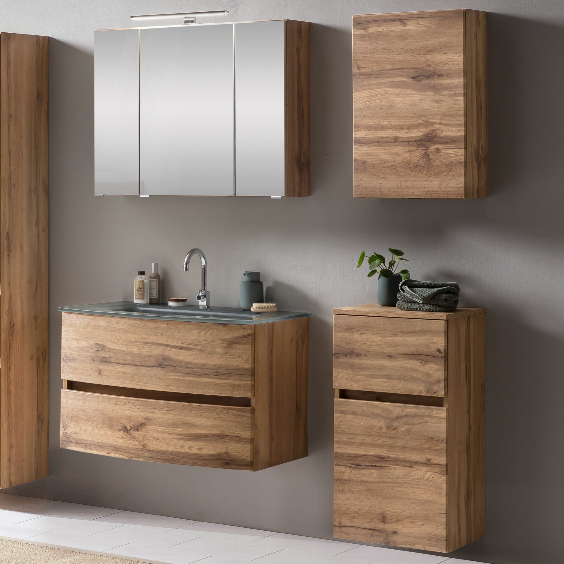 Ensemble salle de bains Kornel 8 à 4 pièces avec vasque grise - chêne