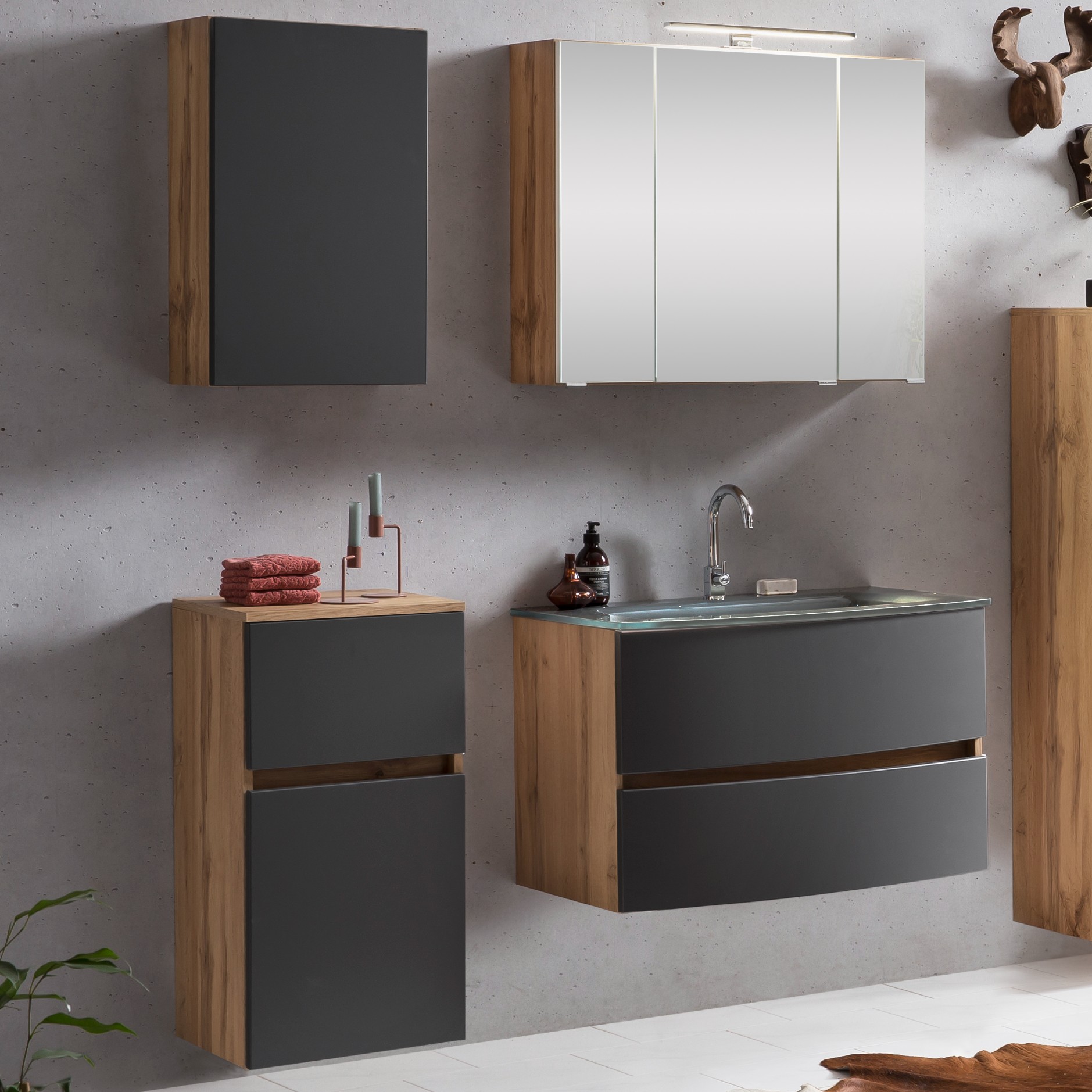 Ensemble salle de bains Kornel 8 à 4 pièces avec vasque grise - chêne/gris mat