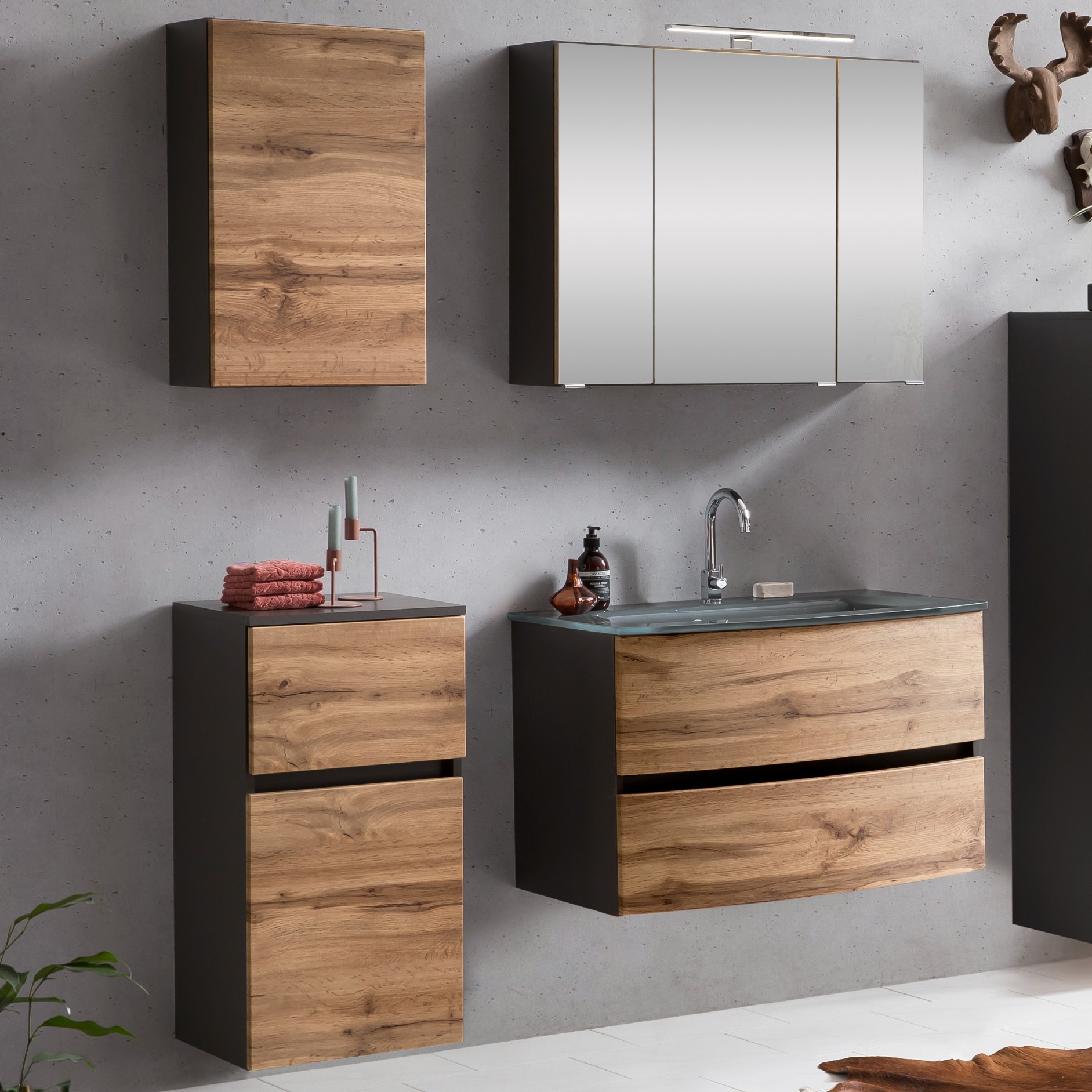 Ensemble salle de bains Kornel 8 à 4 pièces avec vasque grise - gris graphite/chêne