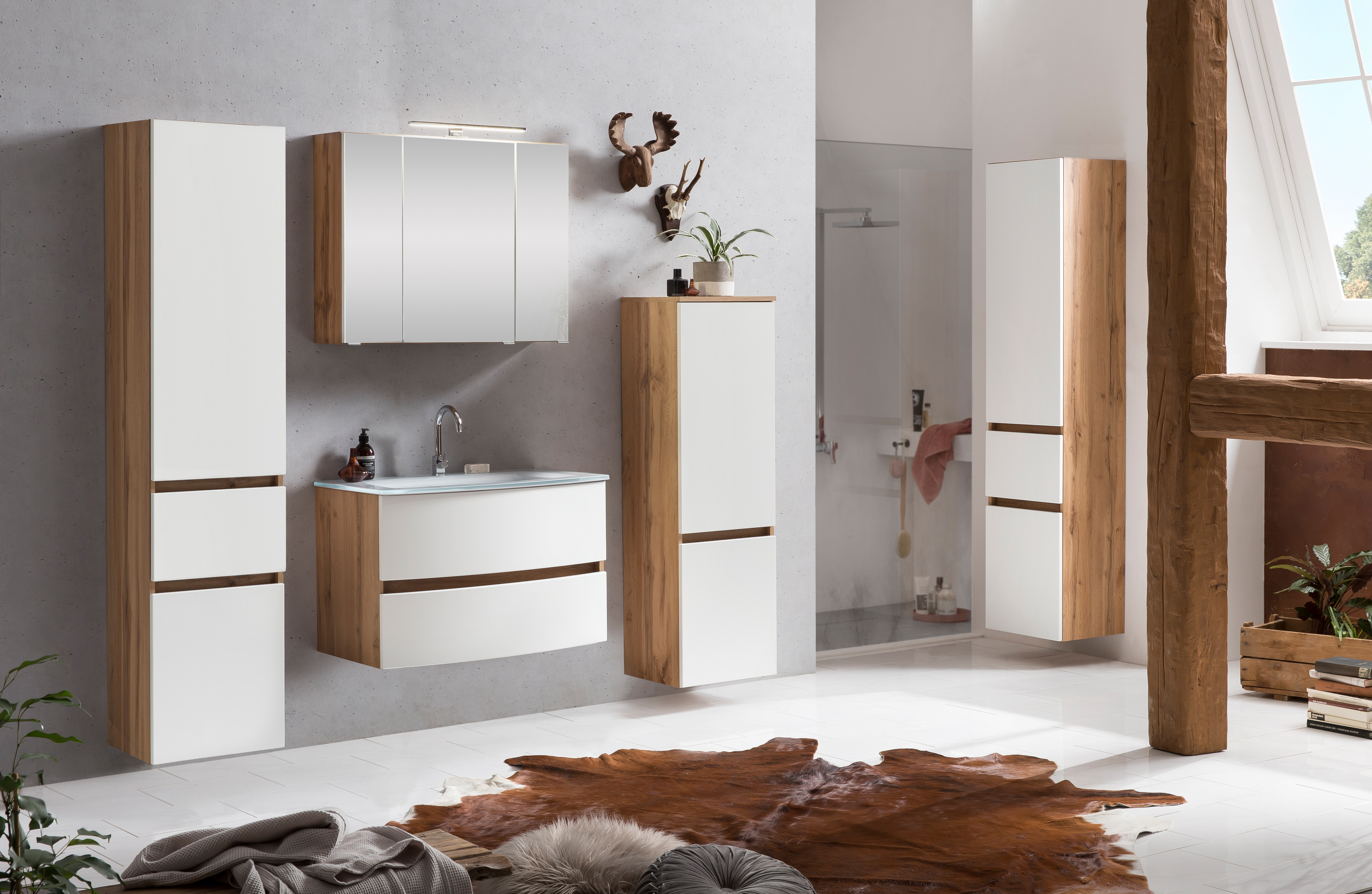 Ensemble salle de bains Kornel 9 à 4 pièces avec vasque blanche - chêne/blanc mat - Image 9