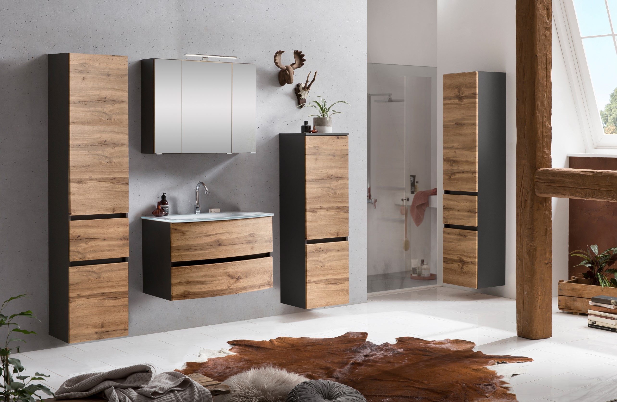 Ensemble salle de bains Kornel 9 à 4 pièces avec vasque blanche - gris graphite/chêne - Image 2