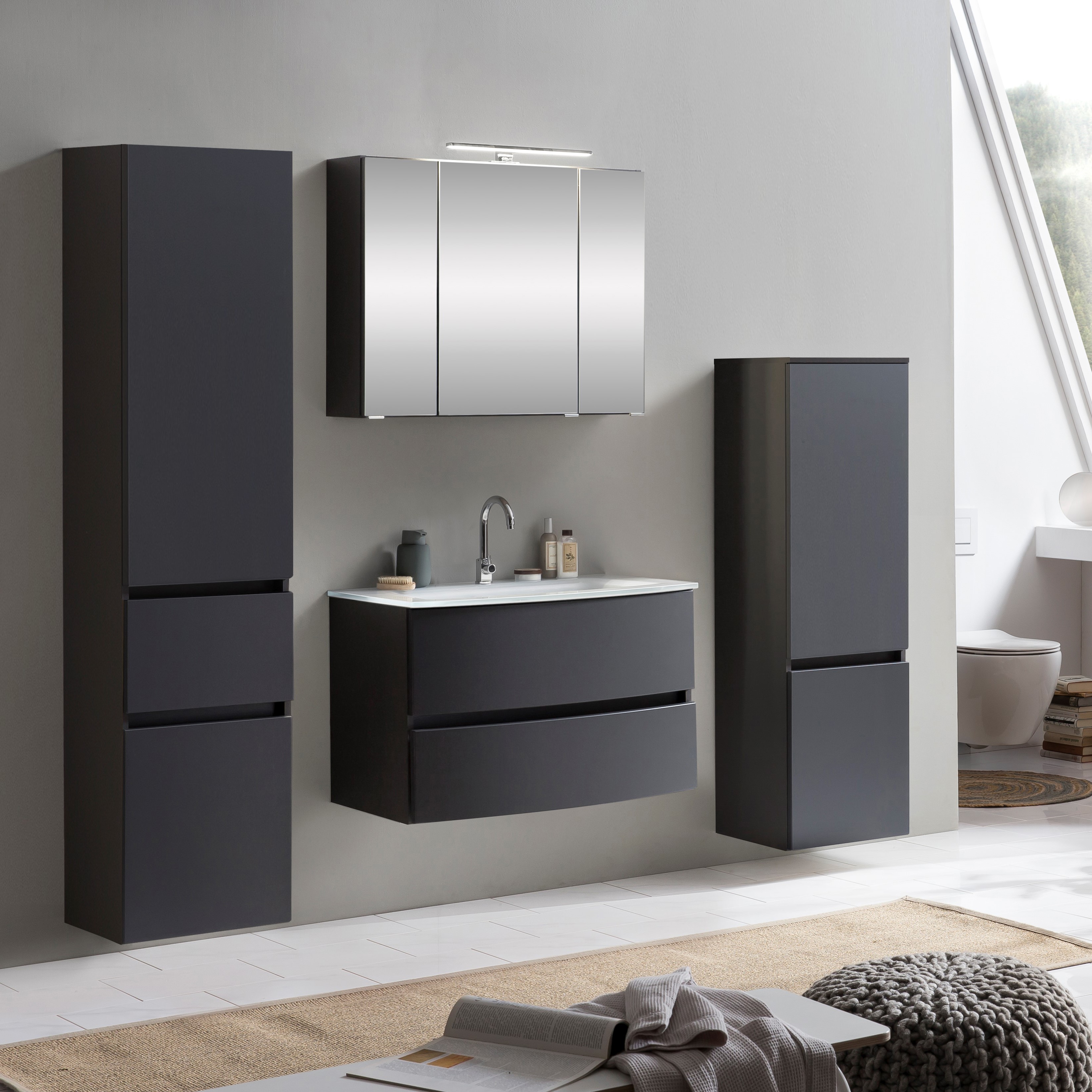 Ensemble salle de bains Kornel 9 à 4 pièces avec vasque blanche - gris graphite