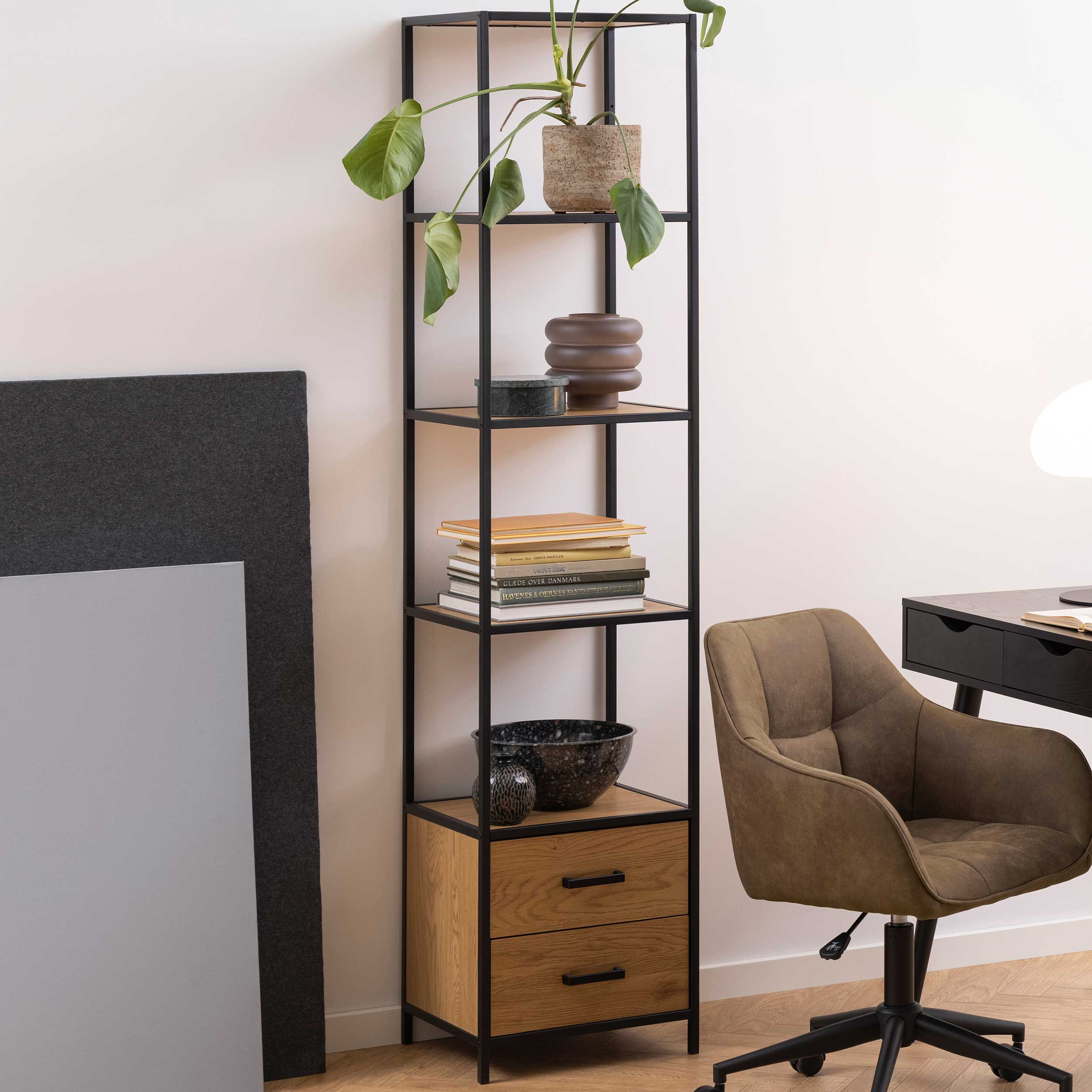 Étagère Dover 42cm, 3 tablettes & 2 tiroirs - noir/chêne sauvage