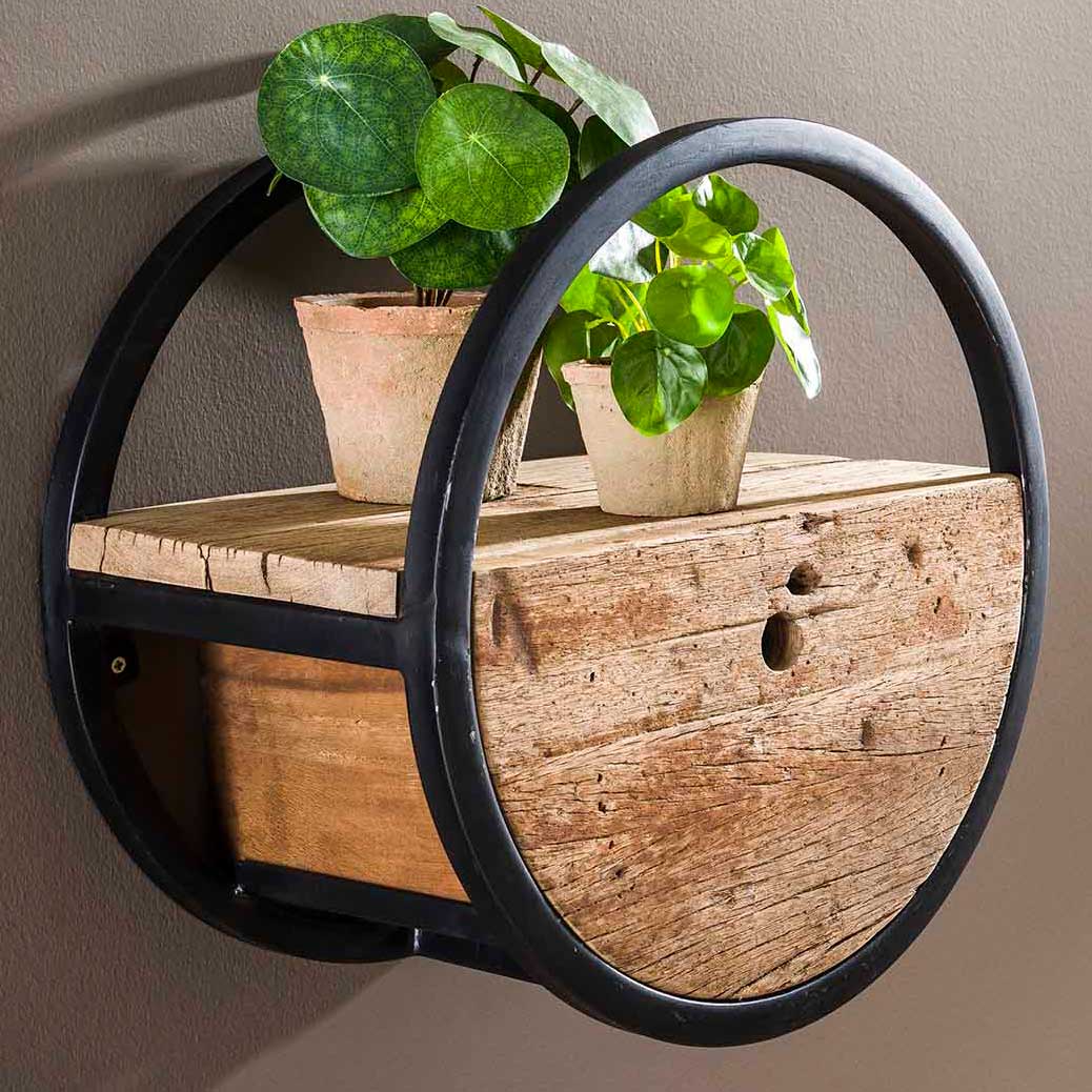 Etagère murale Cyril ronde Ø40 avec tiroir industriel - bois dur - Image 1