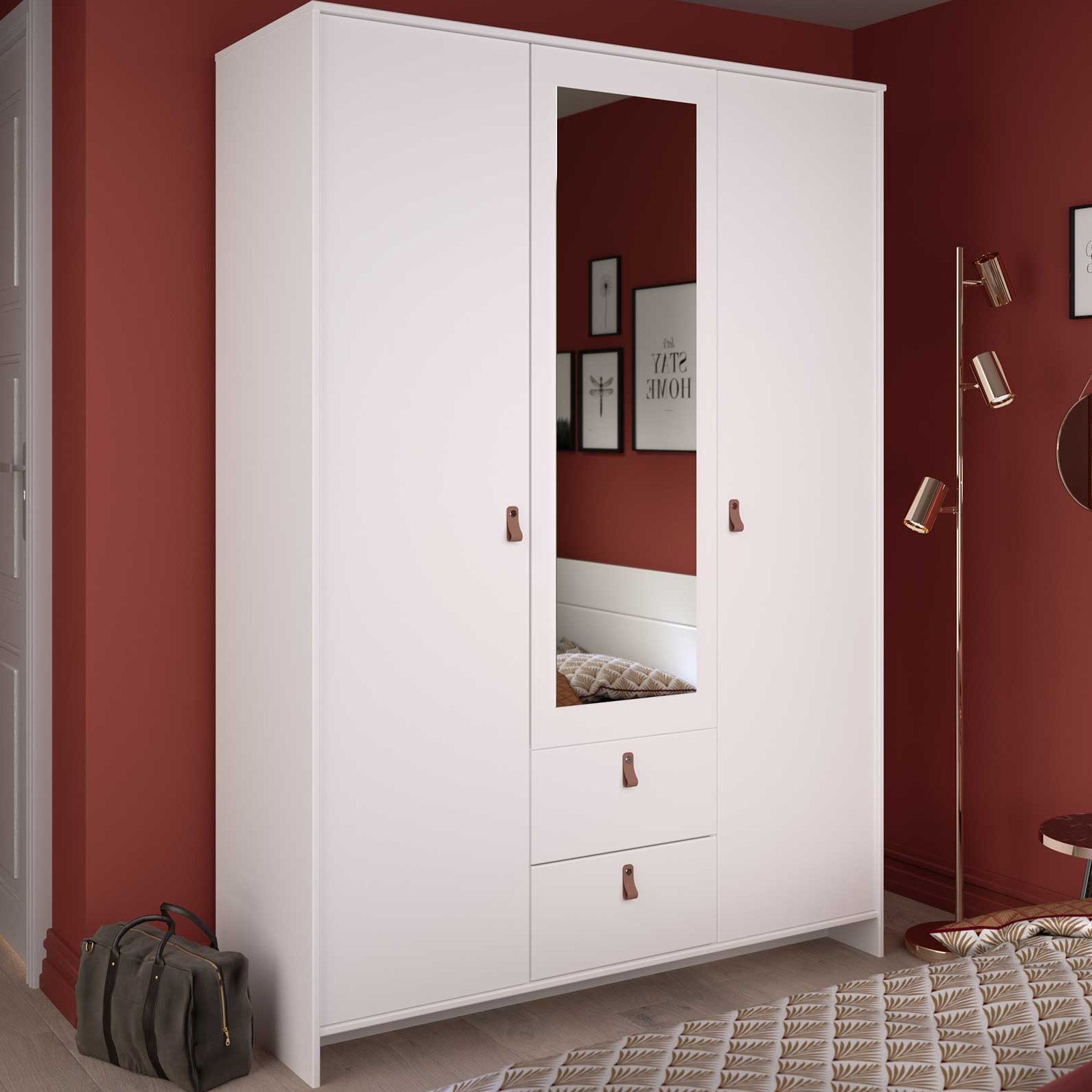 Garde-robe Minty 137cm, 3 portes & 2 tiroirs - blanc