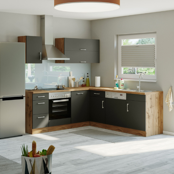 Kitchenette forme L Sorrella 210cm avec espace pour four et lave-vaisselle - anthracite/chêne - Image 2