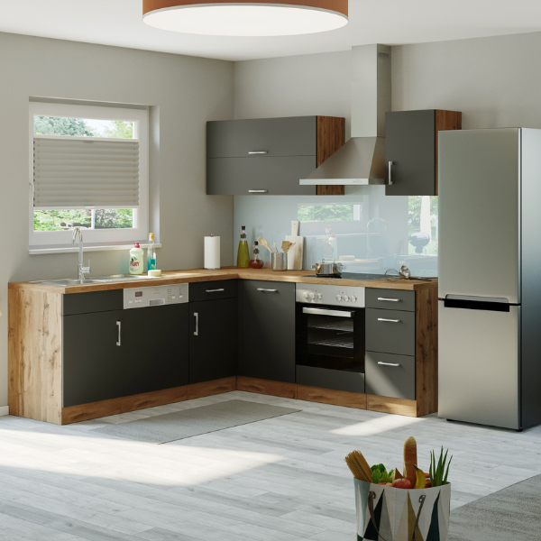 Kitchenette forme L Sorrella 210cm avec espace pour four et lave-vaisselle - anthracite/chêne - Image 1