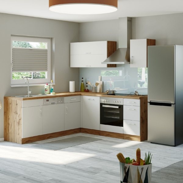 Kitchenette forme L Sorrella 210cm avec espace pour four et lave-vaisselle - blanc/chêne