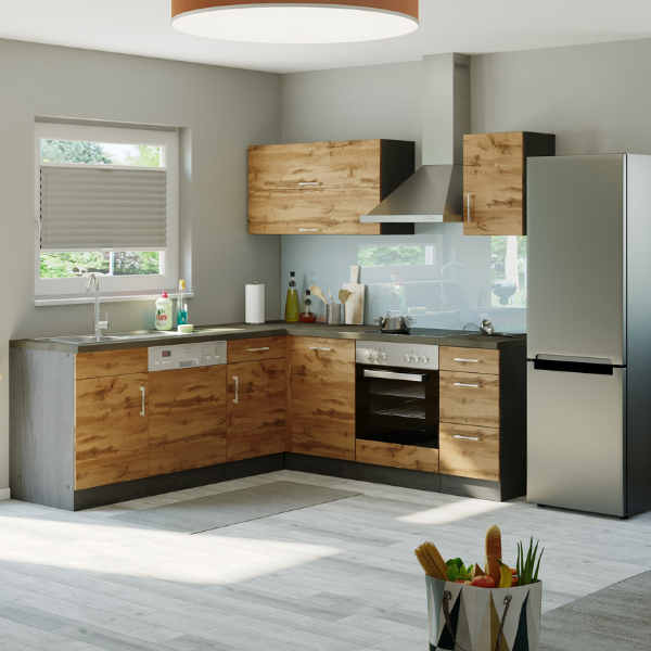 Kitchenette forme L Sorrella 210cm avec espace pour four et lave-vaisselle - chêne