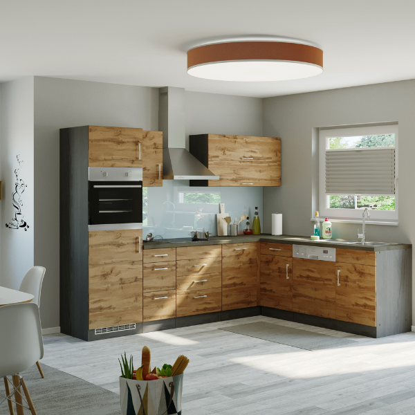 Kitchenette forme L Sorrella 270cm avec espace pour four, lave-vaisselle et réfrigérateur - blanc/chêne - Image 4