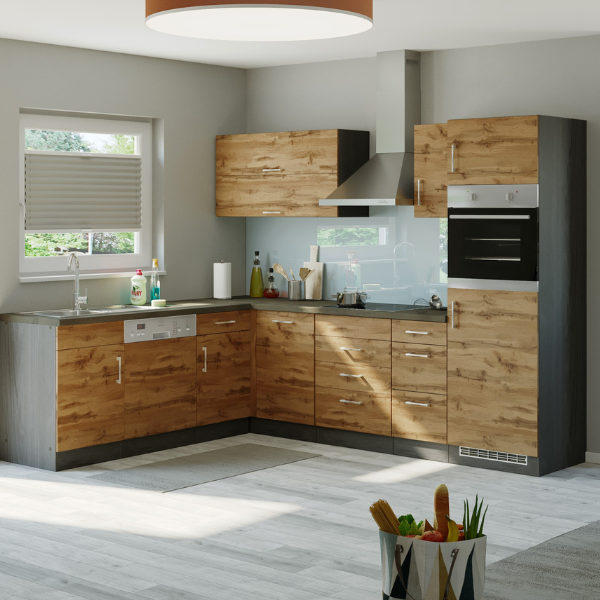 Kitchenette forme L Sorrella 270cm avec espace pour four, lave-vaisselle et réfrigérateur - anthracite/chêne