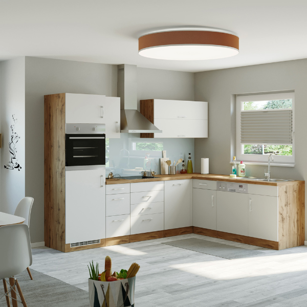 Kitchenette forme L Sorrella 270cm avec four, lave-vaisselle et réfrigérateur - blanc/chêne - Image 2