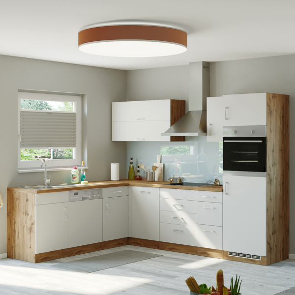 Kitchenette forme L Sorrella 270cm avec four, lave-vaisselle et réfrigérateur - blanc/chêne - Image 1