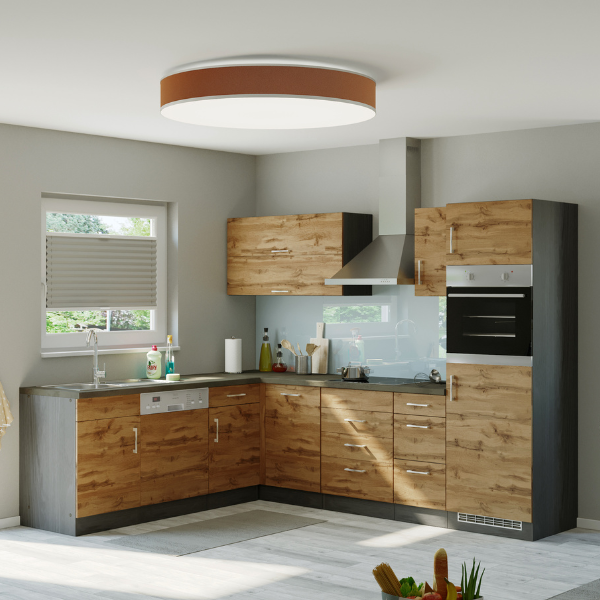 Kitchenette forme L Sorrella 270cm avec four, lave-vaisselle et réfrigérateur - chêne - Image 1