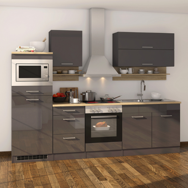 Kitchenette Ragnar 270cm avec espace pour micro-ondes, réfrigérateur et four - anthracite brillant - Image 1
