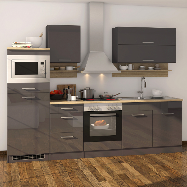 Kitchenette Ragnar 270cm avec micro-ondes, réfrigérateur et four - anthracite brillant