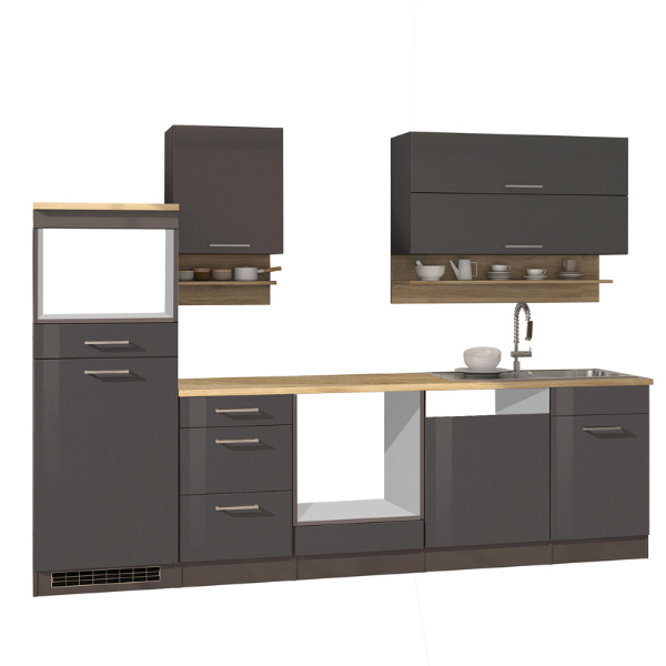 Kitchenette Ragnar 280cm avec espace pour micro-ondes, réfrigérateur, four et lave-vaisselle - anthracite brillant - Image 9