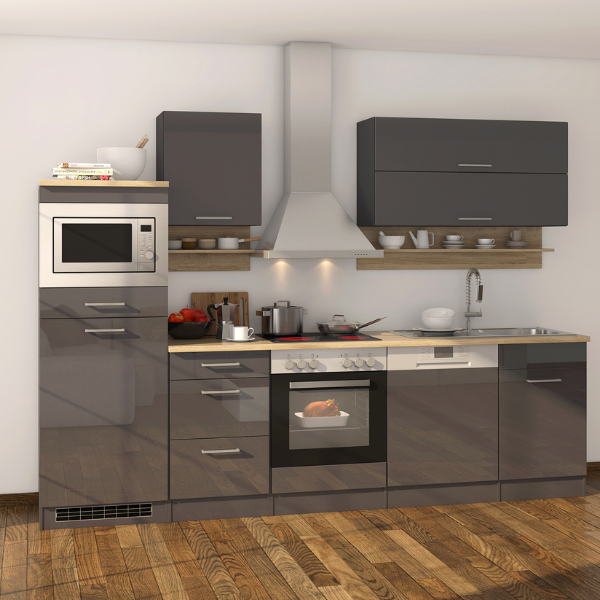 Kitchenette Ragnar 280cm avec espace pour micro-ondes, réfrigérateur, four et lave-vaisselle - anthracite brillant - Image 1