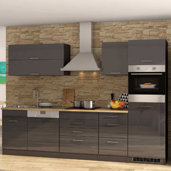 Kitchenette Ragnar 300cm avec espace pour réfrigérateur, four et lave-vaisselle - anthracite brillant