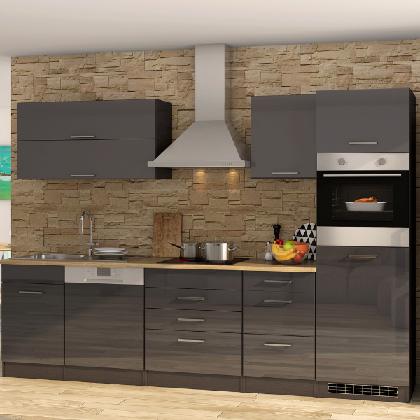 Kitchenette Ragnar 300cm avec four, réfrigérateur et lave-vaisselle - anthracite brillant - Image 1