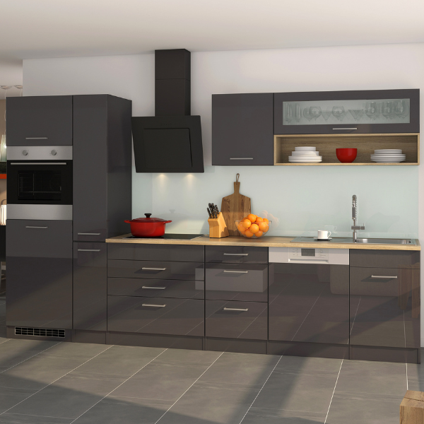 Kitchenette Ragnar 300cm avec lave-vaisselle, four et réfrigérateur - anthracite brillant - Image 1