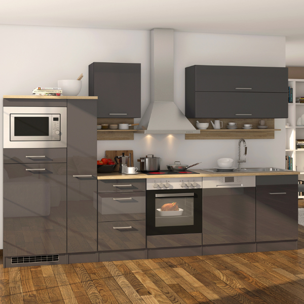 Kitchenette Ragnar 310cm avec espace pour micro-ondes, réfrigérateur, four et lave-vaisselle - anthracite brillant - Image 1