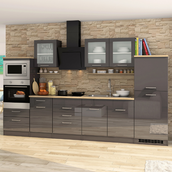 Kitchenette Ragnar 330cm avec espace pour four, micro-ondes et réfrigérateur - anthracite brillant