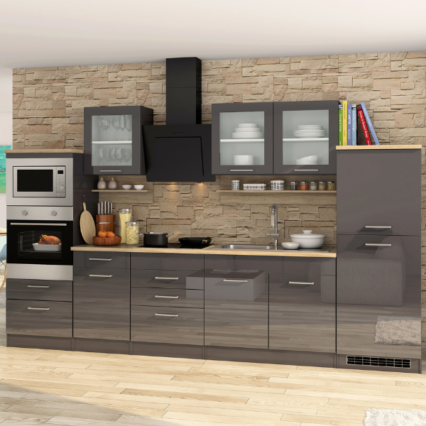 Kitchenette Ragnar 330cm avec four, micro-ondes et réfrigérateur - anthracite brillant - Image 1