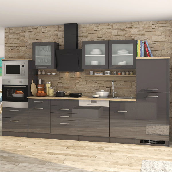 Kitchenette Ragnar 330cm avec four, micro-ondes, lave-vaisselle et réfrigérateur - anthracite brillant