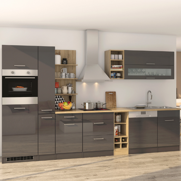 Kitchenette Ragnar 340cm avec lave-vaisselle, four et réfrigérateur - anthracite brillant
