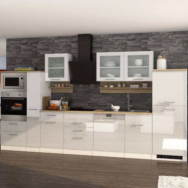 Kitchenette Ragnar 370cm avec four, micro-ondes, lave-vaisselle et réfrigérateur - blanc brillant - Image 1