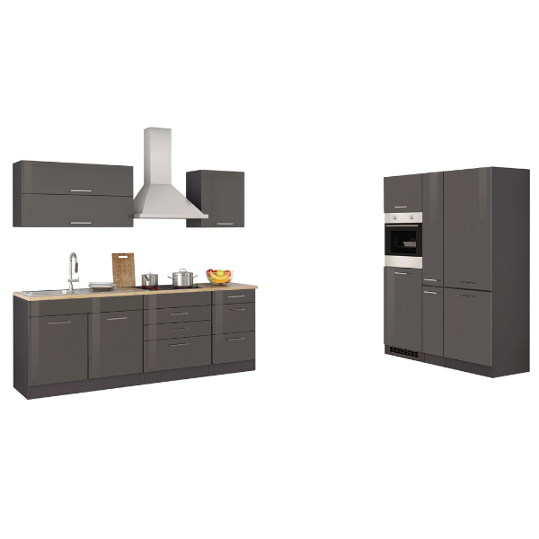 Kitchenette Ragnar 380cm avec réfrigérateur-congélateur et four - anthracite brillant