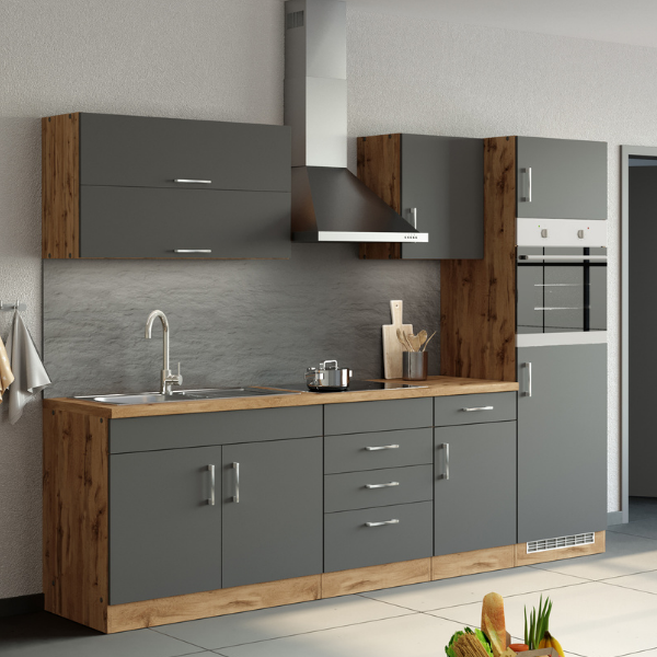 Kitchenette Sorrella 270cm avec espace pour four et réfrigérateur - anthracite/chêne