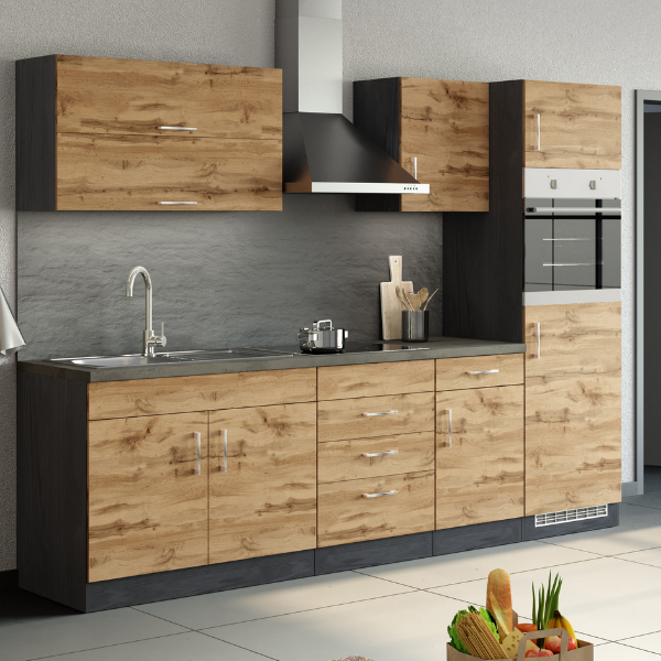 Kitchenette Sorrella 270cm avec espace pour four et réfrigérateur - chêne/graphite