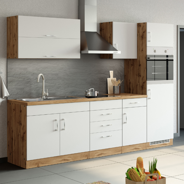 Kitchenette Sorrella 270cm avec four et réfrigérateur - blanc/chêne - Image 1