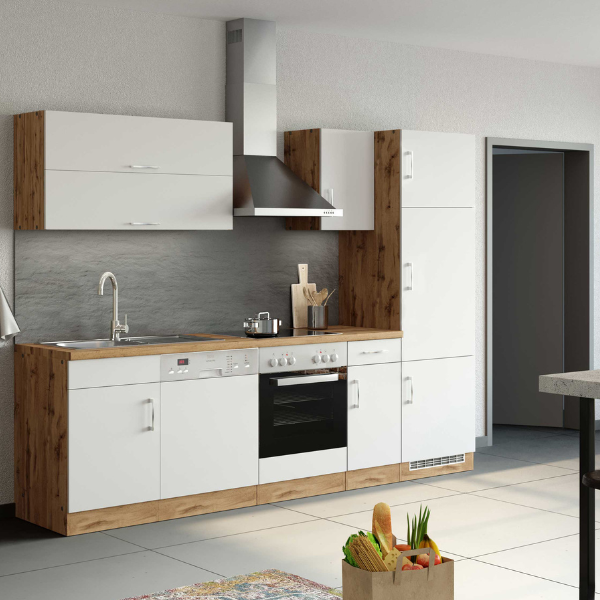 Kitchenette Sorrella 270cm avec four, lave-vaisselle et réfrigérateur - blanc/chêne - Image 1