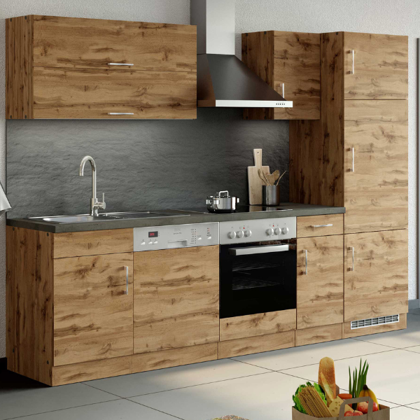 Kitchenette Sorrella 270cm avec four, lave-vaisselle et réfrigérateur - chêne
