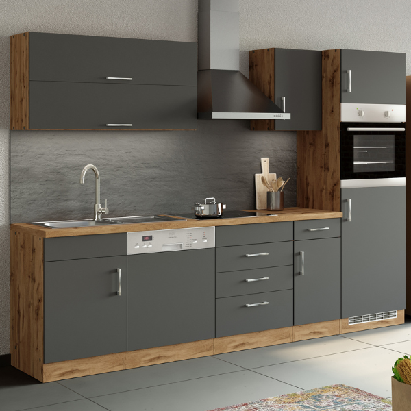 Kitchenette Sorrella 270cm avec lave-vaisselle, four et réfrigérateur - anthracite/chêne - Image 1