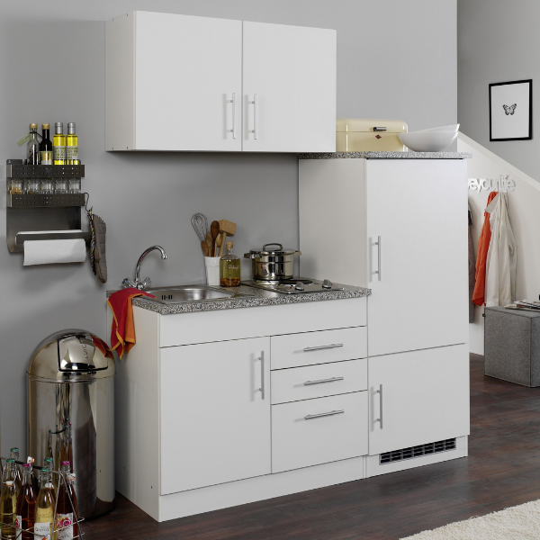 Kitchenette Toto 160cm avec plaque de cuisson et réfrigérateur - blanc/marbre
