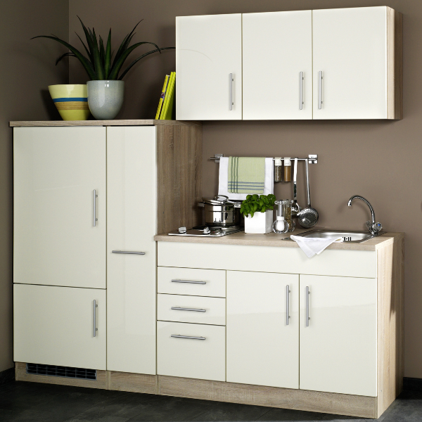 Kitchenette Toto 210cm avec plaque de cuisson et réfrigérateur - crème brillant